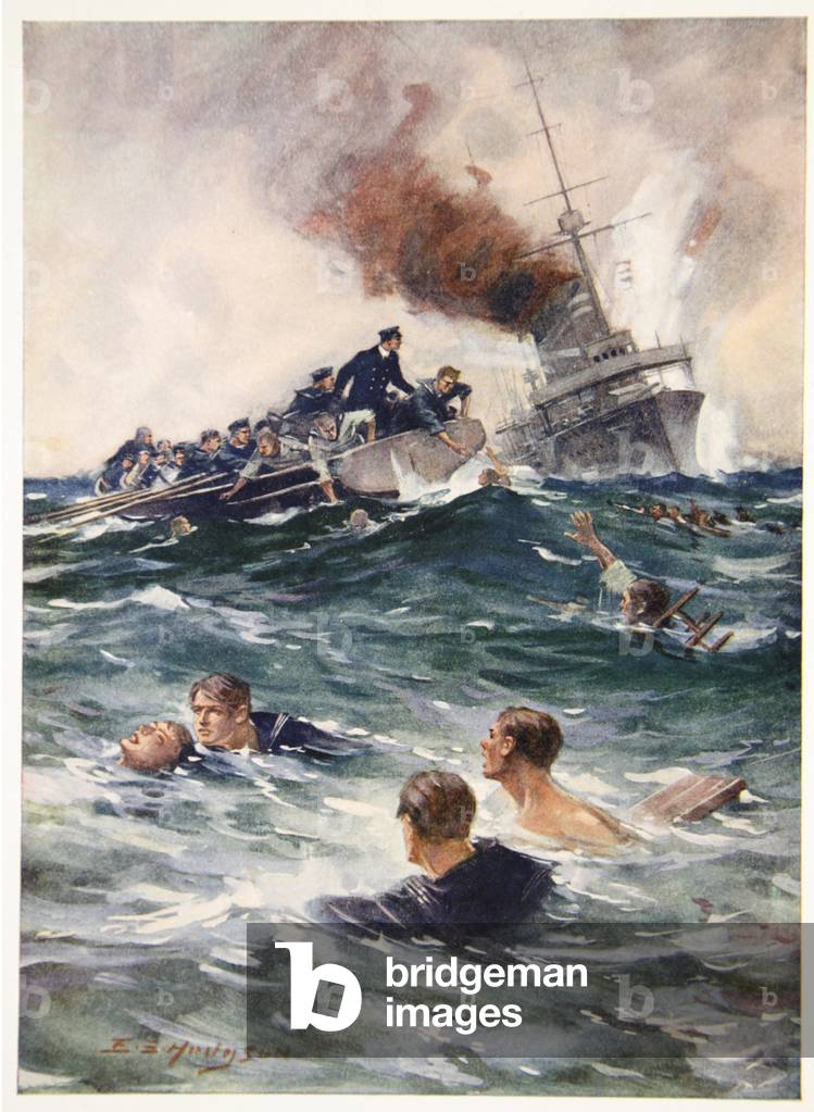 The Rescue of the 'Hogue' survivors (colour litho)