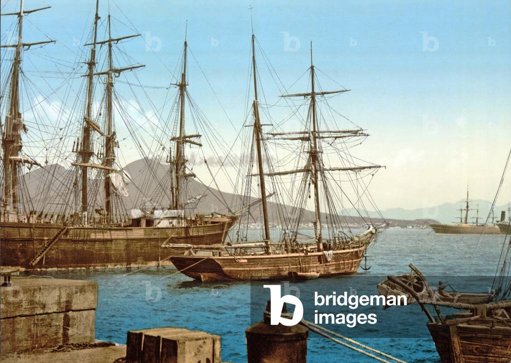 Schooners in Bay of Naples with Vesuvius in background, pub. c.1900 (colour litho)
