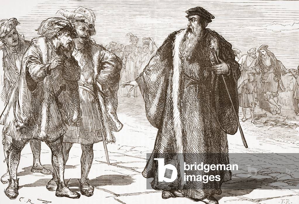 Calvin insulted by the Libertines on the Rhone Bridge, illustration from 'The History of Protestantism' by James Aitken Wylie (1808-1890), pub. 1878 (engraving)