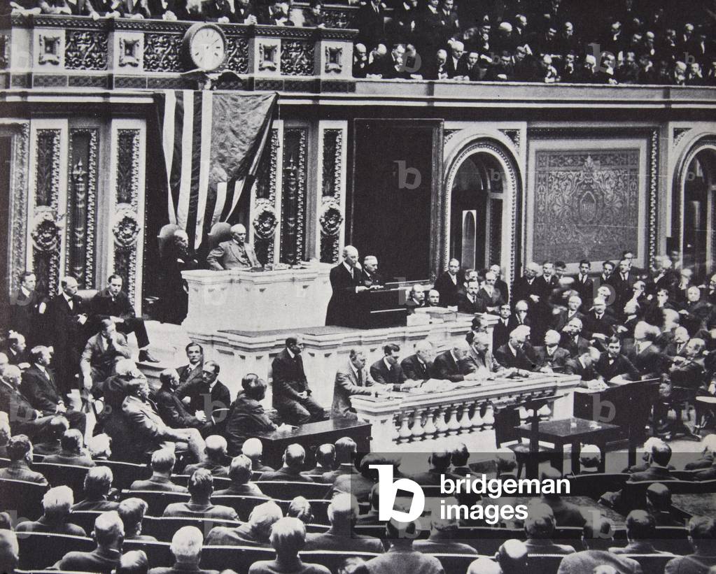 Woodrow Wilson in Congress recommending war against Germany, 1917 (b/w photo)
