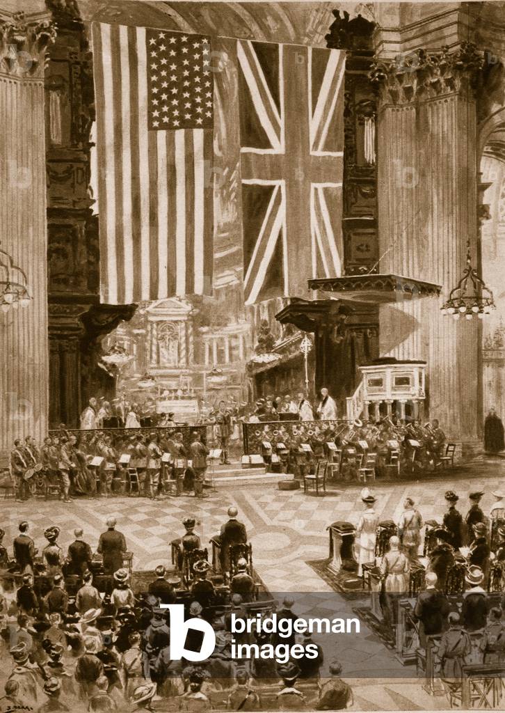 Singing the American National Anthem at St. Paul's Cathedral, April 20th, 1917, 1914-19 (litho)