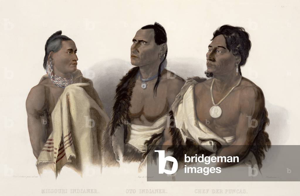 A Missouri Indian, an Oto Indian and the Chief of the Puncas, plate 7 from 'Travels in the Interior of North America', engraved by J. Hurlimann, 1844 (aquatint)