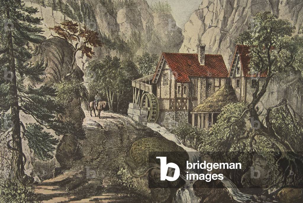 Puzzle Picture - Old Swiss Mill, pub. 1872, Currier & Ives (colour litho)