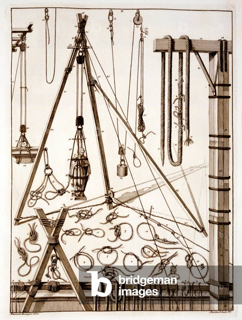 Knots and pulleys, engraved by Martino Schede (engraving)