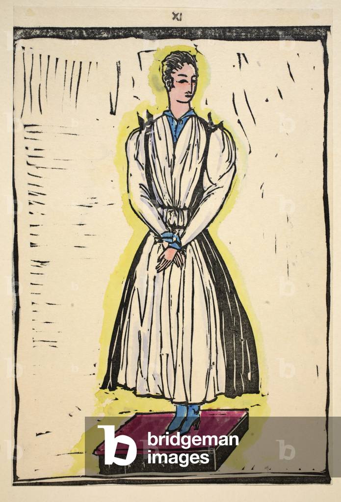 Design for a dress, Plate 11, Book 12, illustration from 'Wiener Werkstatte Mode 1914/15', pub. Eduard Kosmack, Vienna, 1914-1915 (hand-coloured linocut)
