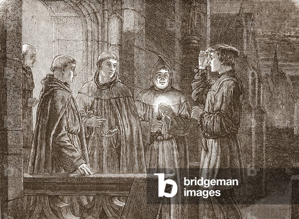 Luther entering the Augustinian convent, illustration from 'The History of Protestantism' by James Aitken Wylie (1808-1890), pub. 1878 (engraving)