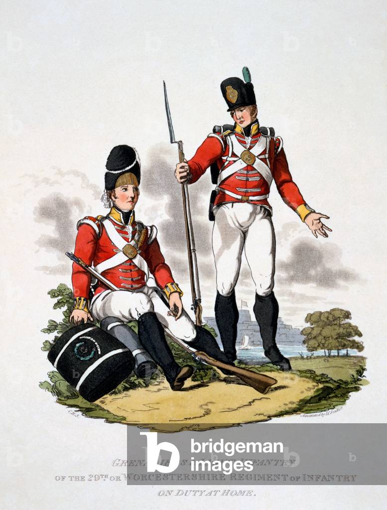 Uniform of the Grenadiers and Light Infantry of the 20th or Worcestershire Regiment, from 'Costume of the British Empire, according to the Last Regulations', published 1813 (hand-coloured aquatint)