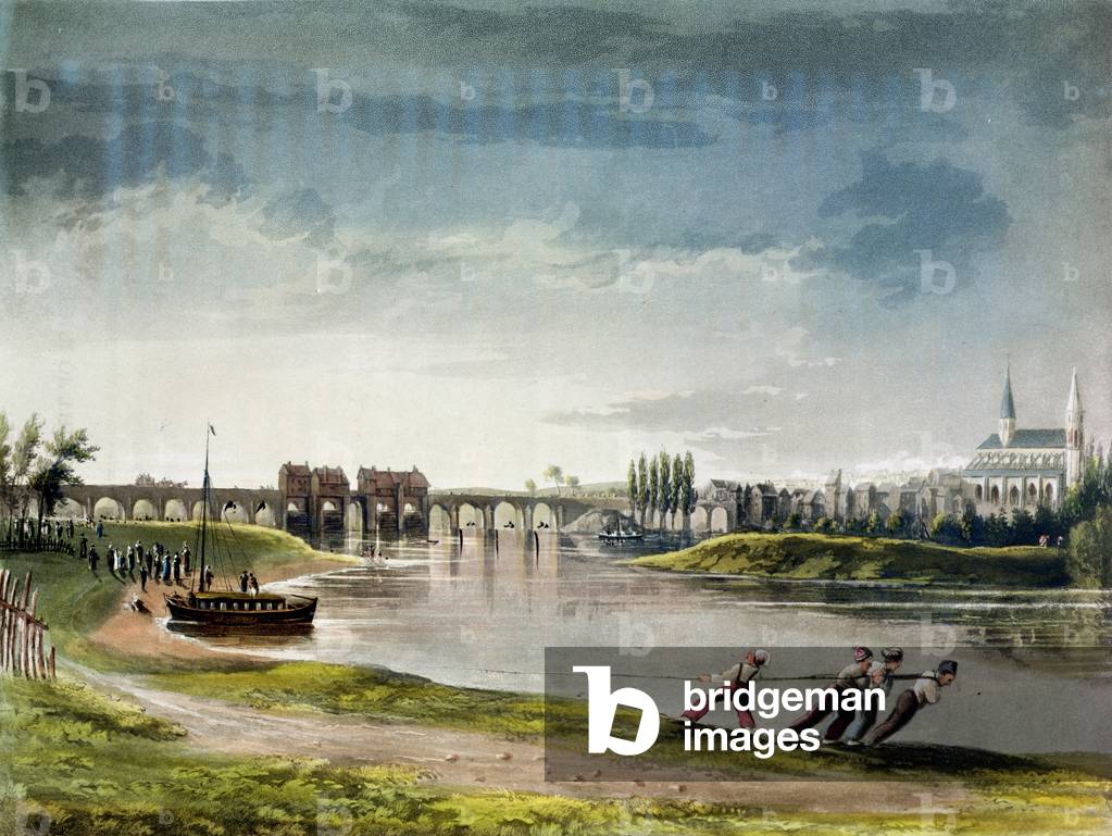 Poissy, from 'Views on the Seine', engraved by Thomas Sutherland (b.1785) published by R. Ackermann (1764-1834) 1821 (colour litho)