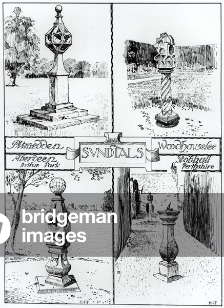 Sundials: Pitmedden, Duthie Park, Aberdeen, Woodhouselee and Stobhall, Perthshire, c.1900 (engraving) (b/w photo)