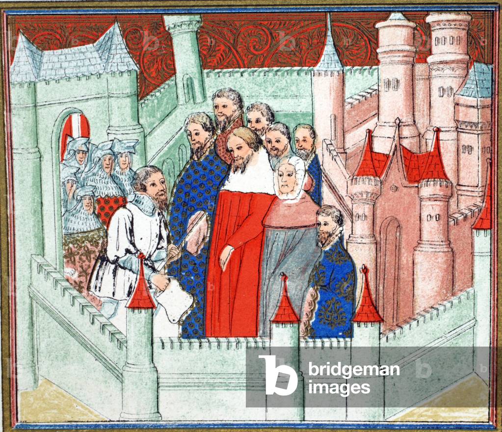 Richard II at Flint Castle where he was delivered prisoner to Bolingbroke, his rival to the throne, facsimile copy from 'Le Prinse et Mort du Roy Richart' by Jean Creton, reprinted 19th Century (colour litho)
