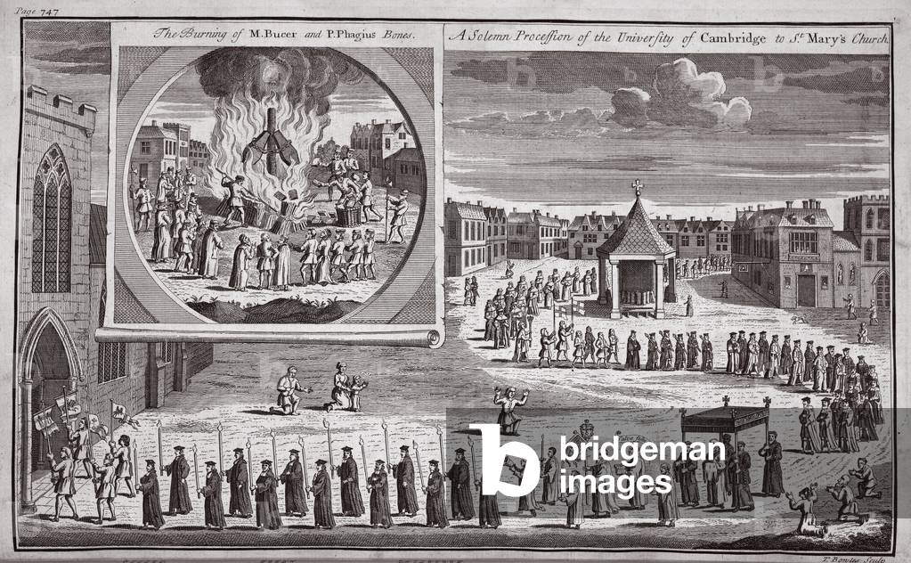 Bild von Druck "Die Verbrennung von M. Bucer und Phagius Knochen", 18. Jahrhundert von English School
