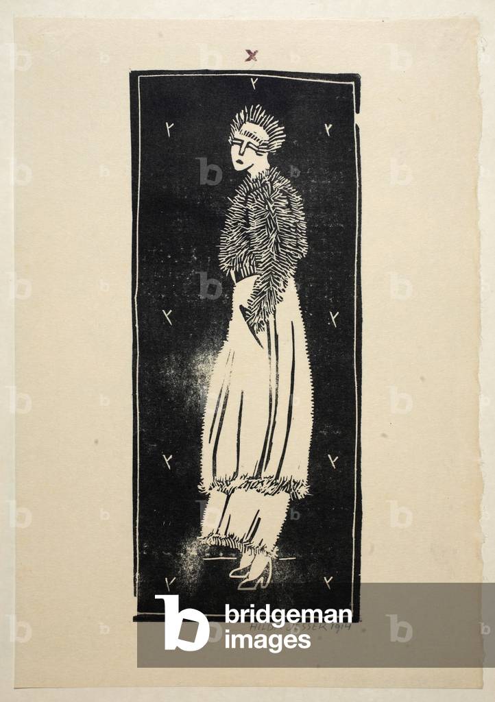 Design for a walking dress, Plate 10, Book 2, illustration from 'Wiener Werkstatte Mode 1914/15', pub. Eduard Kosmack, Vienna, 1914-1915 (linocut)