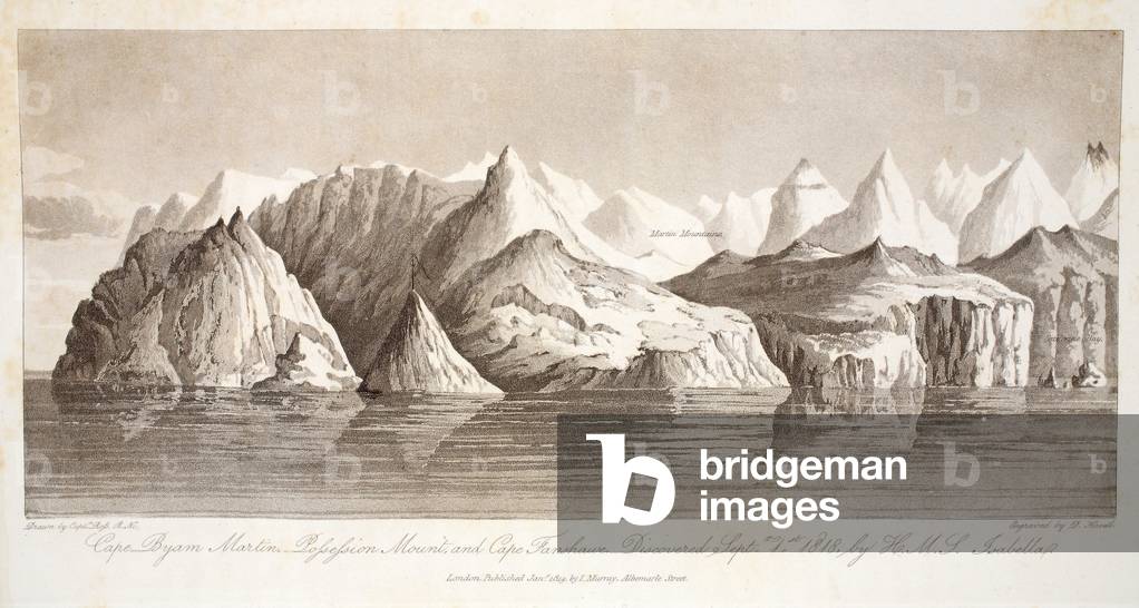 Cape Byam Martin, Pofsefsion Mount and Cape Fanshawe, discovered 1st September 1818 by the HMS Isabella, illustration from 'A Voyage of discovery...', 1819 (engraving)					
