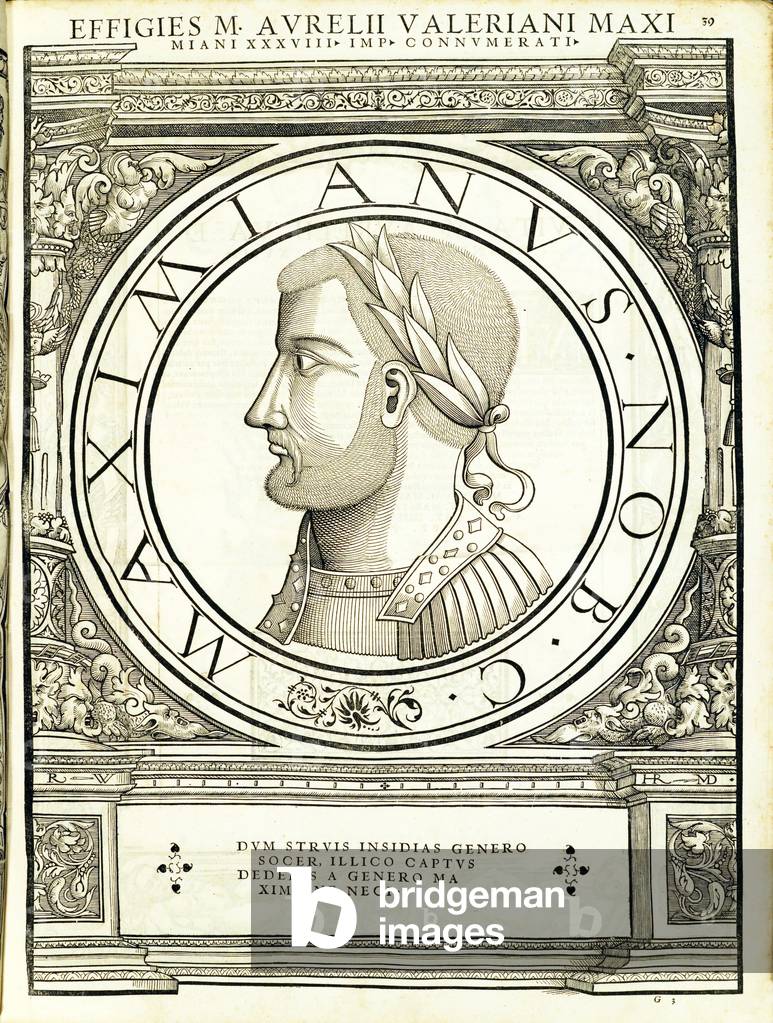 Maximianus, illustration from 'Imperatorum romanorum omnium orientalium et occidentalium verissimae imagines ex antiquis numismatis', woodcut by Rudolph Wyssenbach, printed by Andreas Gesner, Zurich, 1559 (woodcut)