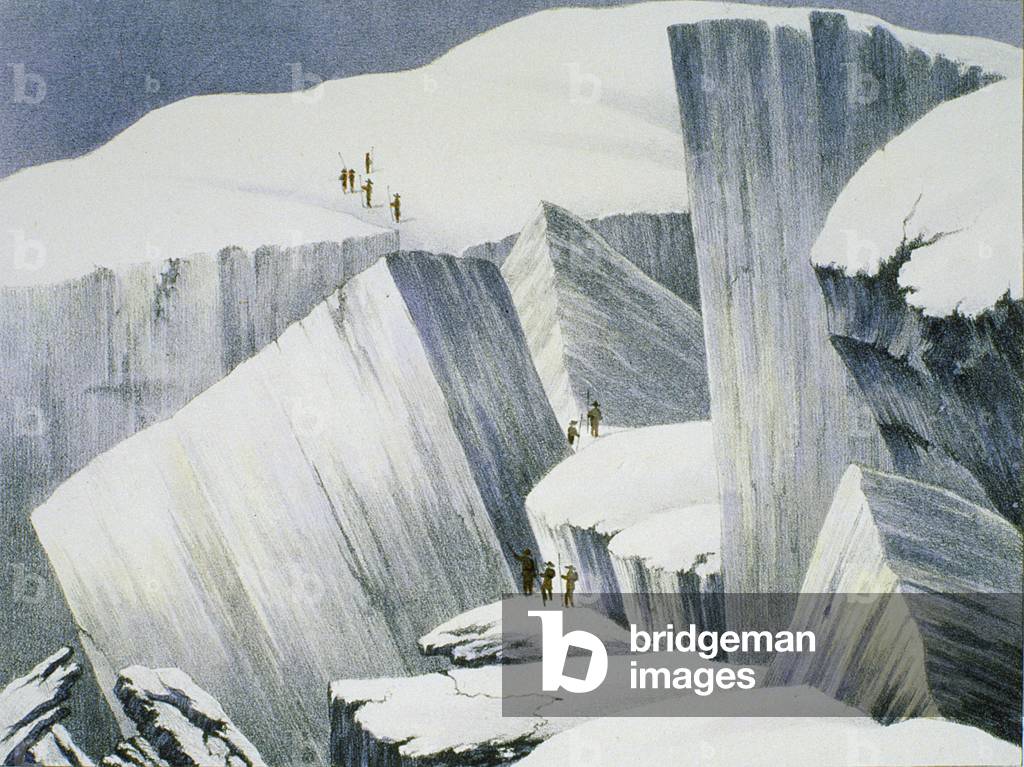 Ascending a Cliff, from 'A Narrative of an Ascent to the Summit of Mont Blanc' by Charles Fellows (1799-1860), published 1827 (colour litho)