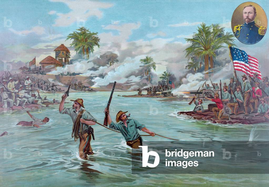 Col. Funston and 20th Kansas Volunteers crossing the River at Calumpit, April 26th 1899, pub. 1899 (colour litho)