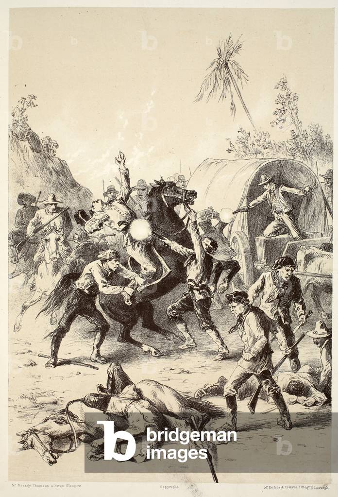 Gold escort attacked by Bush Rangers, from The History of Australasia by David Blair, McGrady, Thomson, and Niven, 1879 (engraving)