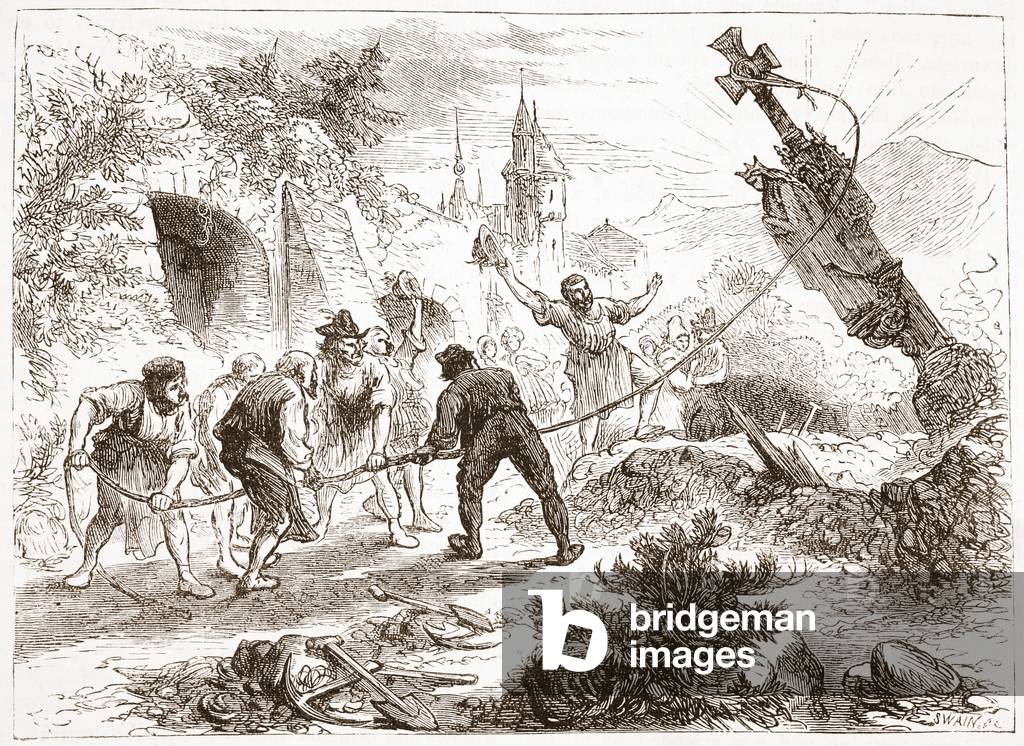 Hottinger destroying the image, illustration from 'The History of Protestantism' by James Aitken Wylie (1808-1890), pub. 1878 (engraving)