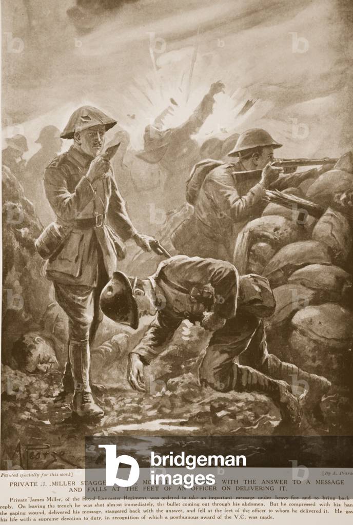 Private J. Miller staggers back, mortally wounded, with the answer to a message and falls at the feet of an officer on delivering it (litho)