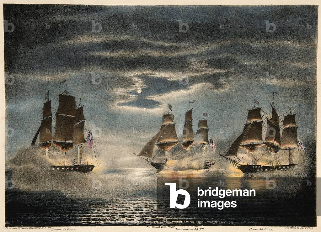 Capture of H.M. Ships Cyane & Levant, by the U.S. Frigate Constitution, from Army and Navy Magazine, pub. 1840 (colour litho)