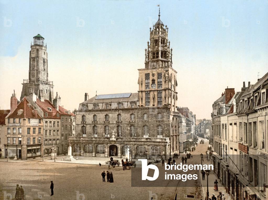 Place d'Armes in Calais with Tour de Guet in background, 1890-1900 (chromolitho)
