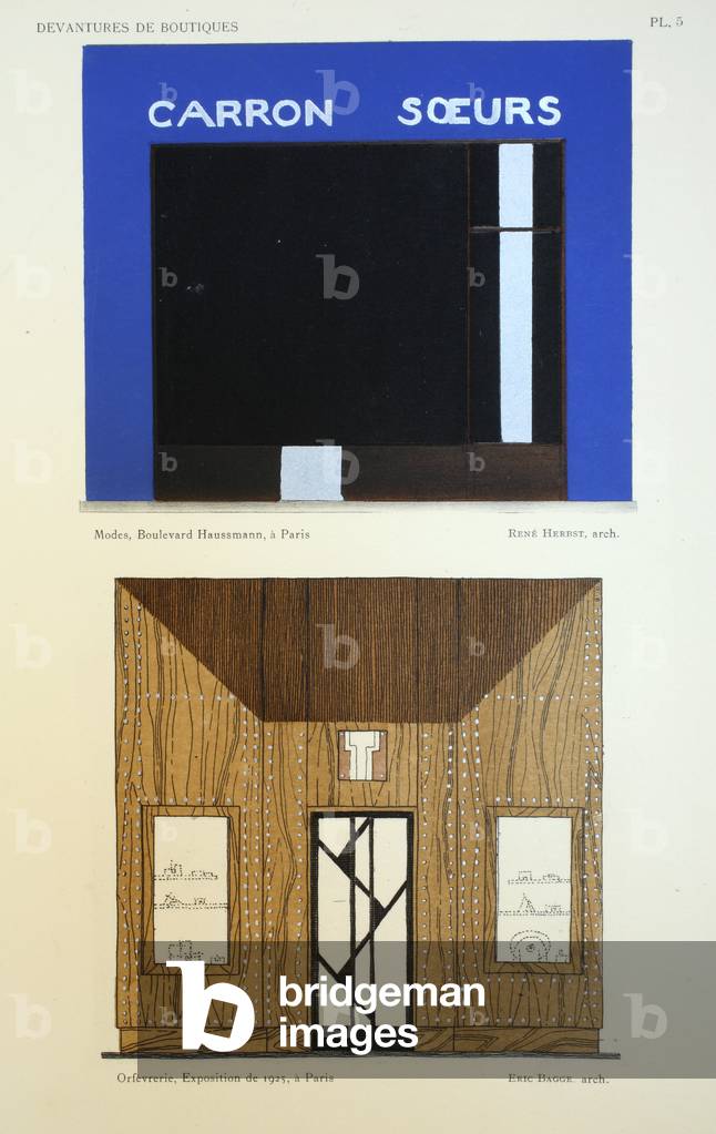Shop fronts, illustration from 'Devantures de Boutiques' by Louis-Pierre Sezille, Paris, 1927 (colour litho)