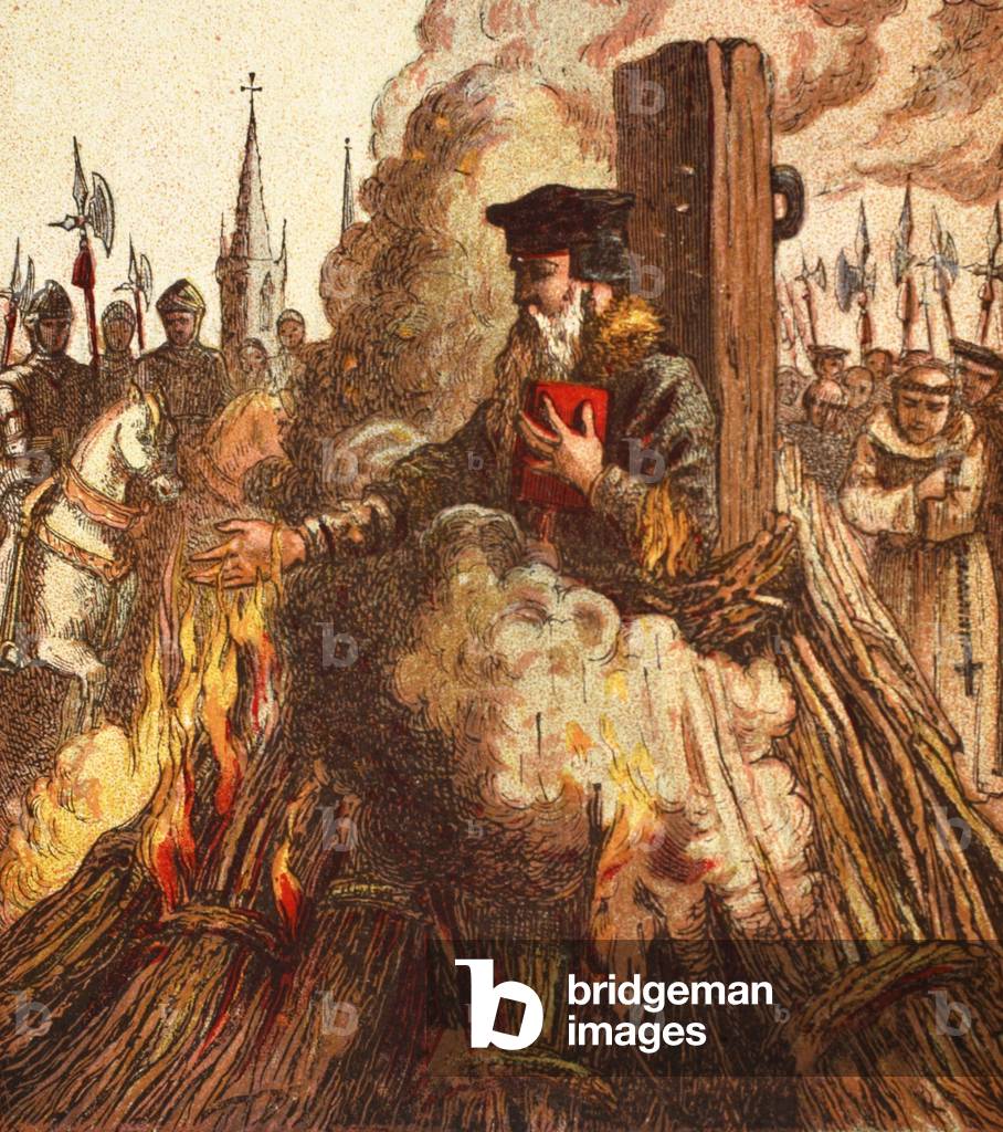 The Burning of Cranmer, pub. 1890 (colour lithograph)