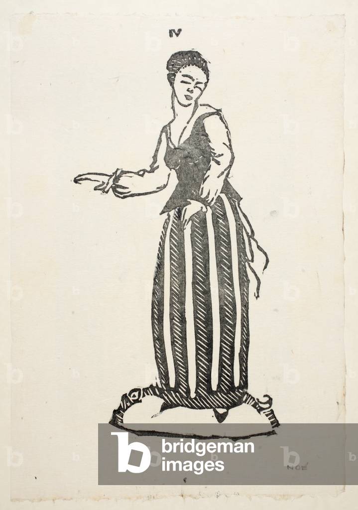 Design for a peasant style dress, Plate 4, Book 1, illustration from 'Wiener Werkstatte Mode 1914/15', pub. Eduard Kosmack, Vienna, 1914-1915 (hand-coloured linocut)