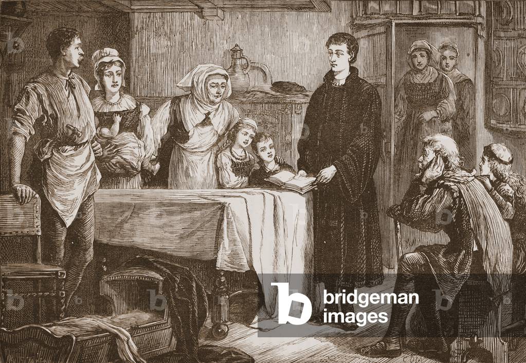 Young Calvin expounding the Bible to a family at Bourges, illustration from 'The History of Protestantism' by James Aitken Wylie (1808-1890), pub. 1878 (engraving)
