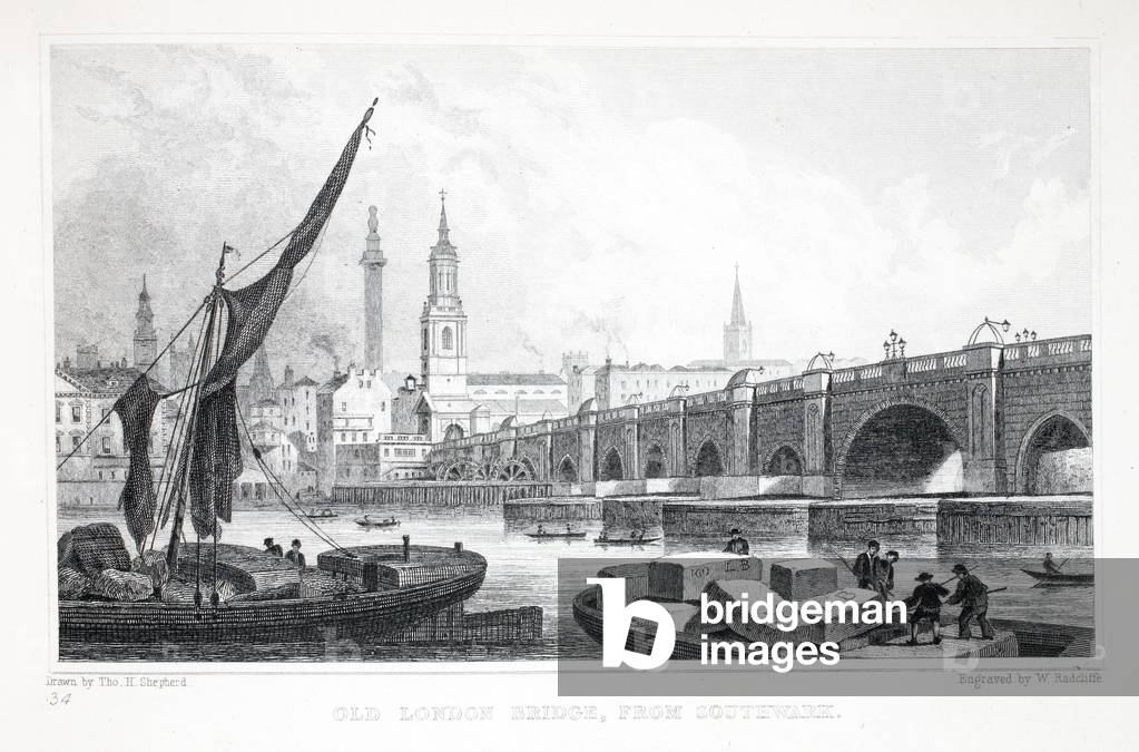Old London Bridge, from Southwark, from 'London and it's Environs in the Nineteenth Century' pub. Jones & Co., 1827-1829 (engraving)