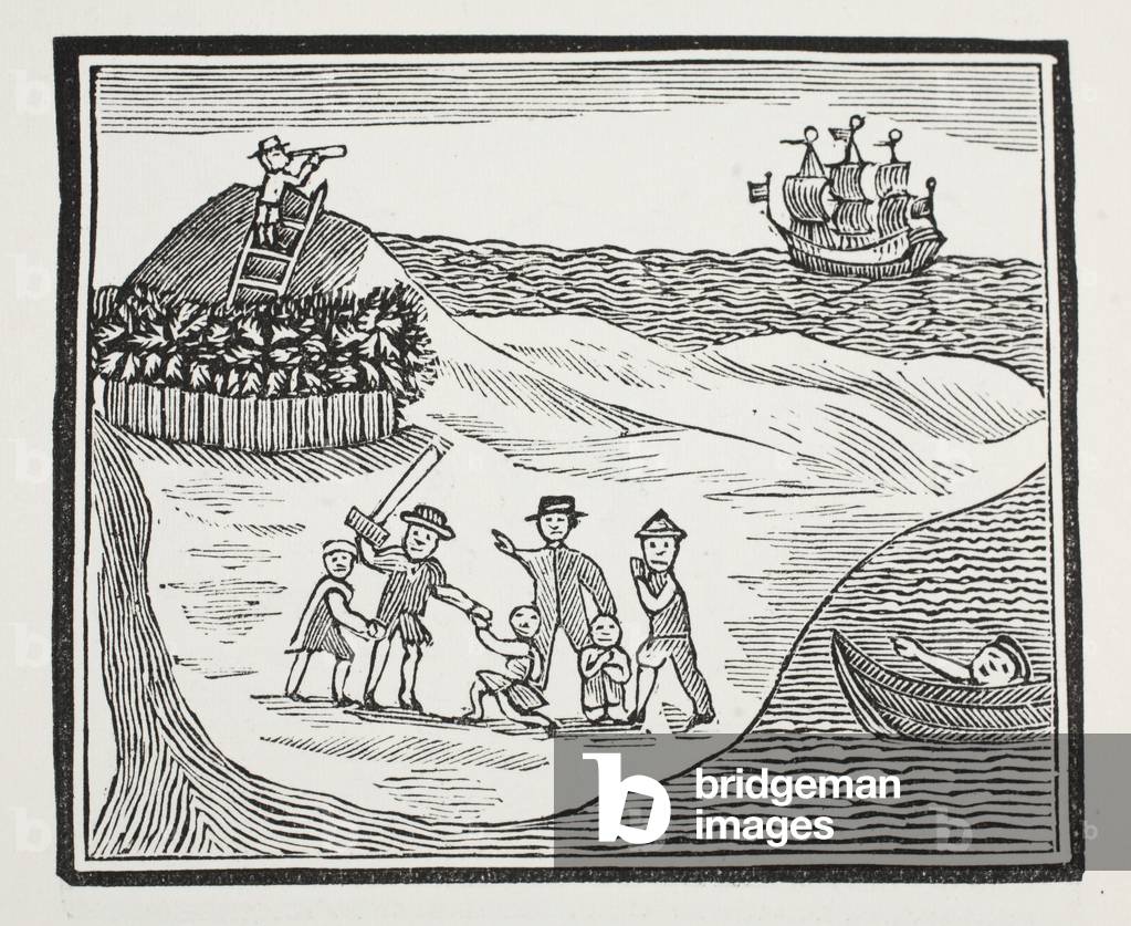 Landing of Mutinous Crew on Island, illustration from 'Chap-books of the Eighteenth Century' by John Ashton, pub. 1882 (litho)