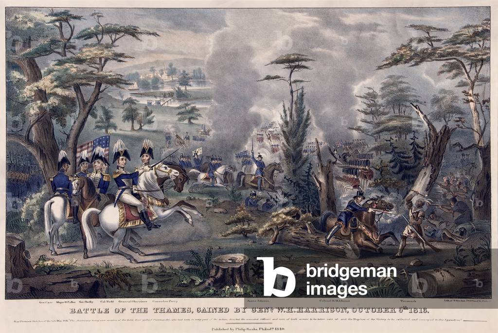 Battle of the Thames, gained by General W H Harrison. October 5th 1813, pub. 1840 (hand coloured litho)