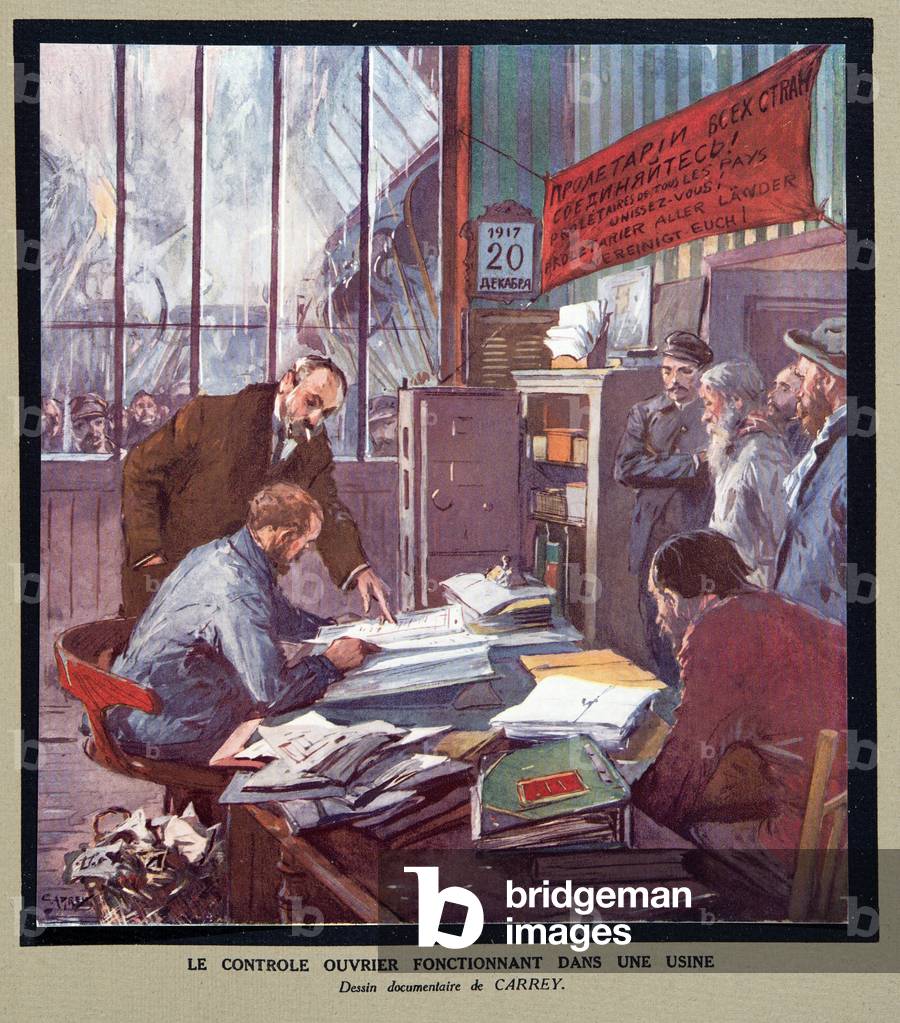 Worker control operating in a Soviet Factory at the time of the Revolution in 1917, from Histoire des Soviets, pub. 1922 (colour litho)