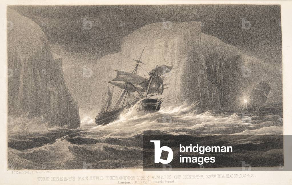 The Erebus passing through the chain of bergs, 13th March, 1842, from Voyage of Discovery and Research in th Southern and Antarctic Regions by CaptainSir James Clark Ross, pub. 1847 (engraving)
