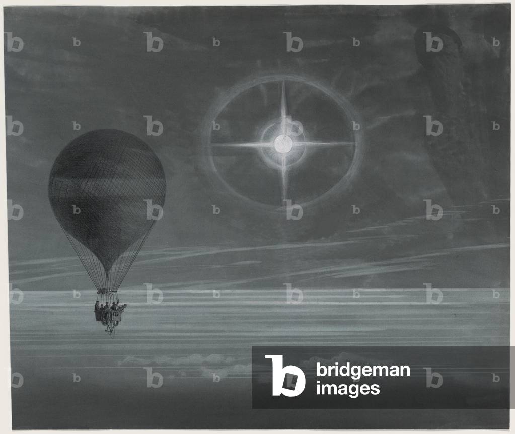 Lunar halo and luminescent cross observed during the balloon Zénith's long distance flight from Paris to Bordeaux in March, 1875. pub. 1875-1880 (colour lithograph))