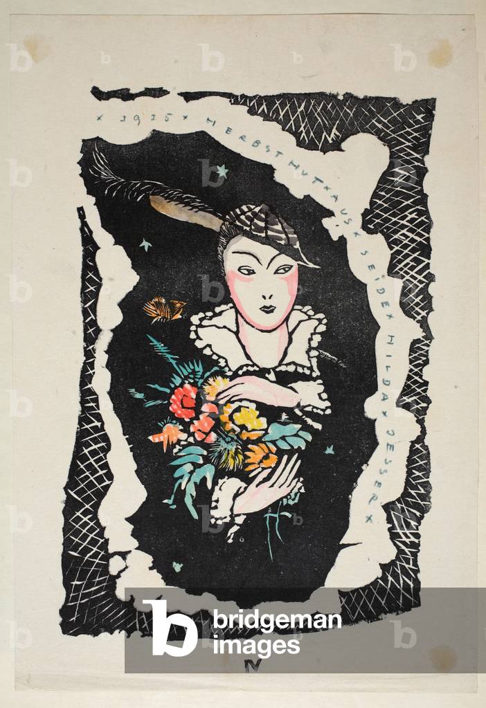 Herbst hut aus Seid - Autumn hat in silk Plate 4, Book 9, illustration from 'Wiener Werkstatte Mode 1914/15', pub. Eduard Kosmack, Vienna, 1914-1915 (hand-coloured linocut)