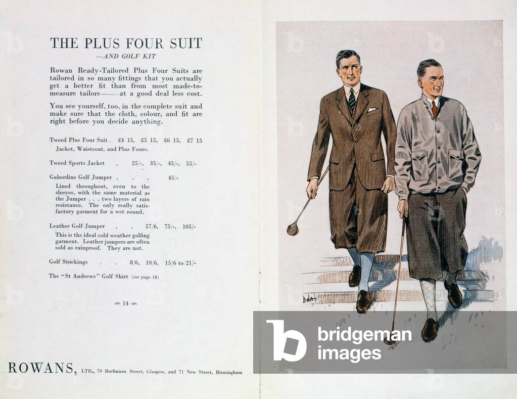 Advert for The Plus Four Suit, from 'Teed Up' by Pendarves, 1938 (colour litho) 