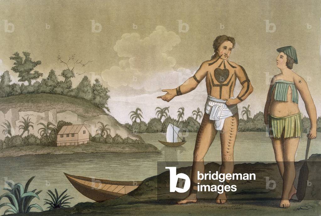 A Man and Woman of the island of Pogghy , plate no.49  from 'Costumi dei.' (coloured engraving) 