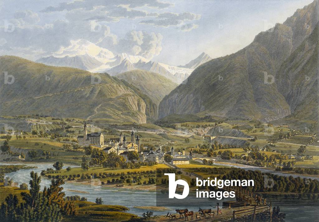 Brig on the Rhone, Bernese Alps, Switzerland,  from 'Voyage Pittoresque de Geneve a Milan', 1819 (colour litho)