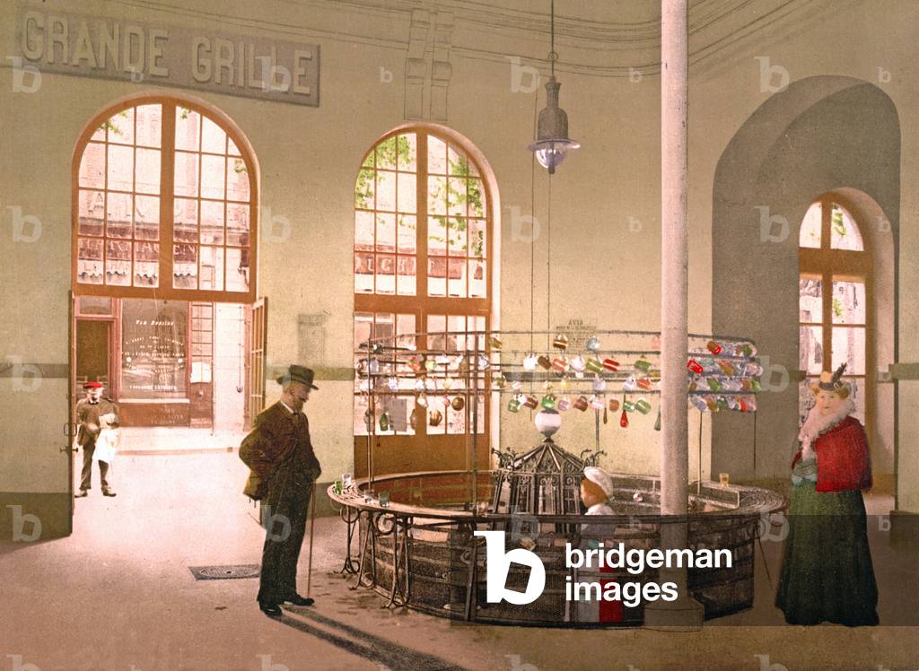 Vichy Spring Water being sold by the glass at the Grande Grille source, 1890-1900 (chromolitho)