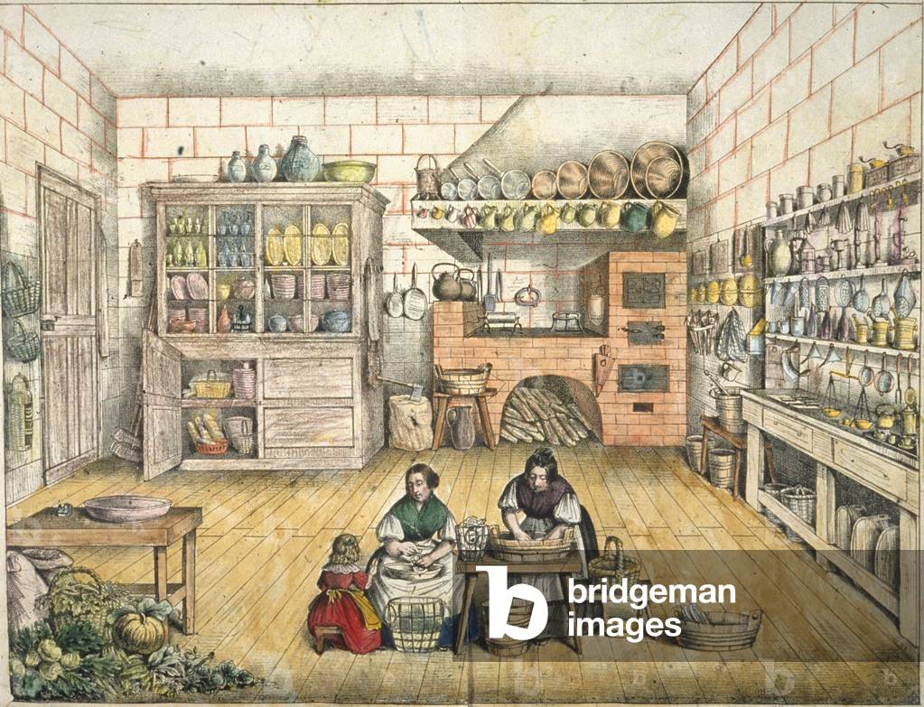 Well stocked rustic kitchen (coloured engraving)