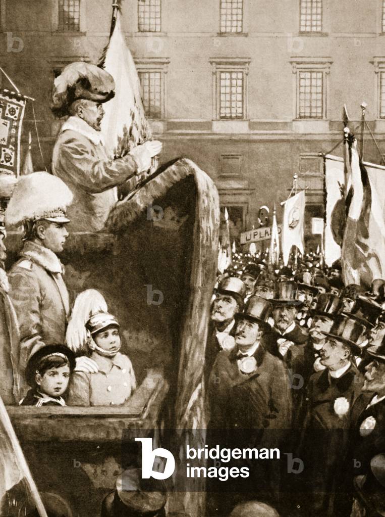King Charles XV of Sweden addresses a crowd about increased armaments to defend the country, 1866 (litho)