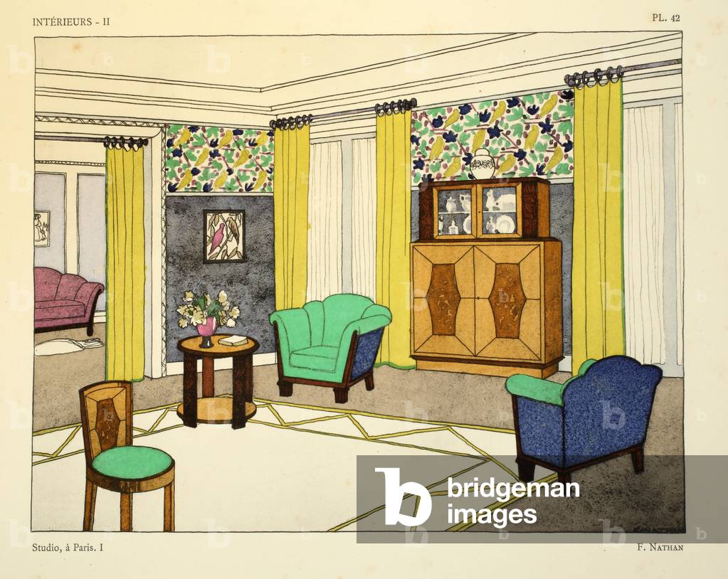 Studio I, a Paris, designed by F. Nathan, illustration from 'Interieurs' by Leon Moussinac, pub. Albert Levy, 1924-26 (colour litho)