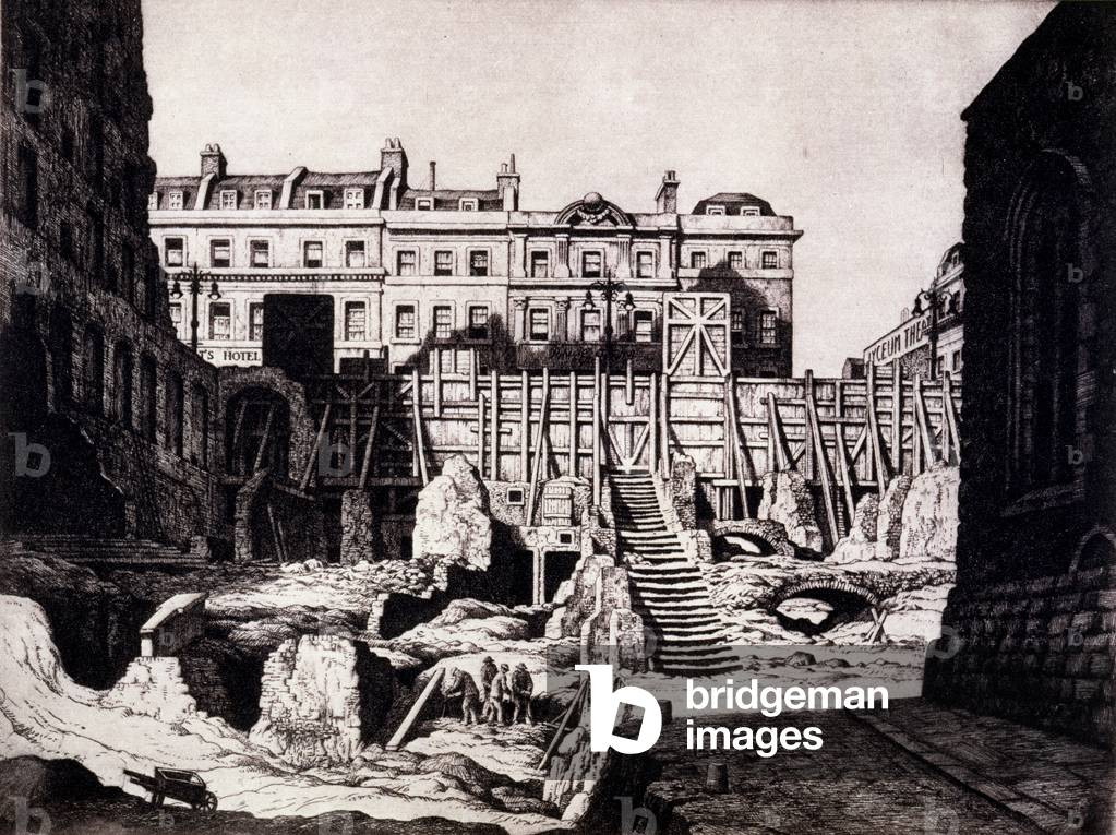 The Savoy Steps, by the old Lyceum Theatre, Strand, now demolished, c.1920s (etching)