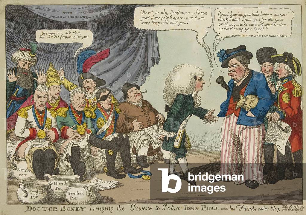 Doctor Boney_bringing the Powers to Pot, or John Bull and his friends rather shy, pub. 1808 (hand coloured engraving)