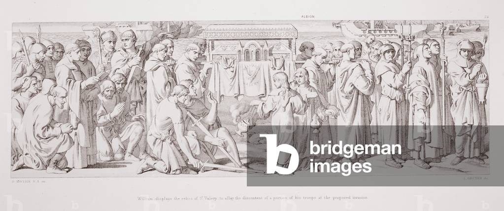 William displays the relics of St. Valery, to allay the discontent of a portion of his troops at the proposed invasion, from 'The Story of the Norman Conquest', engraved by L. Gruner, 1866 (litho)