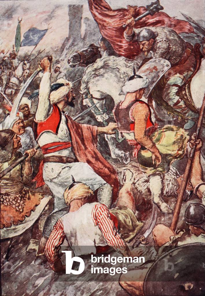 'Because of the Heavy Blows Duke Charles Showered upon the Saracens he was Called Charles the Hammer', illustration from 'The Story of France Told to Boys and Girls' by Mary Macgregor, 1920 (colour litho)