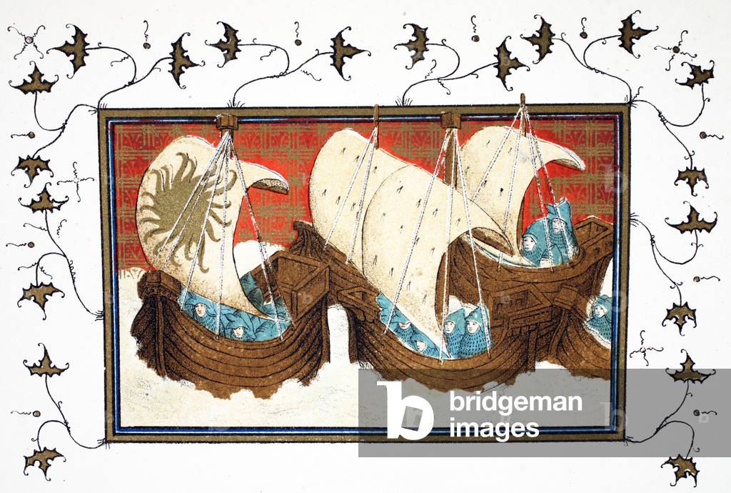 Richard II's and his fleet landing Milford Haven, facsimile copy from 'Le Prinse et Mort du Roy Richart' by Jean Creton, reprinted 19th Century (colour litho)