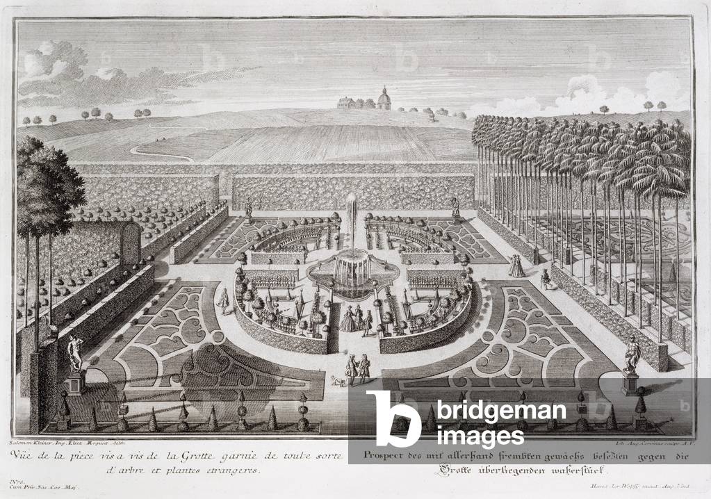 View of the topiary garden beside the grotto, Geibach, engraved by Johann August Corvinus (1683-1738), published 1728 (engraving)