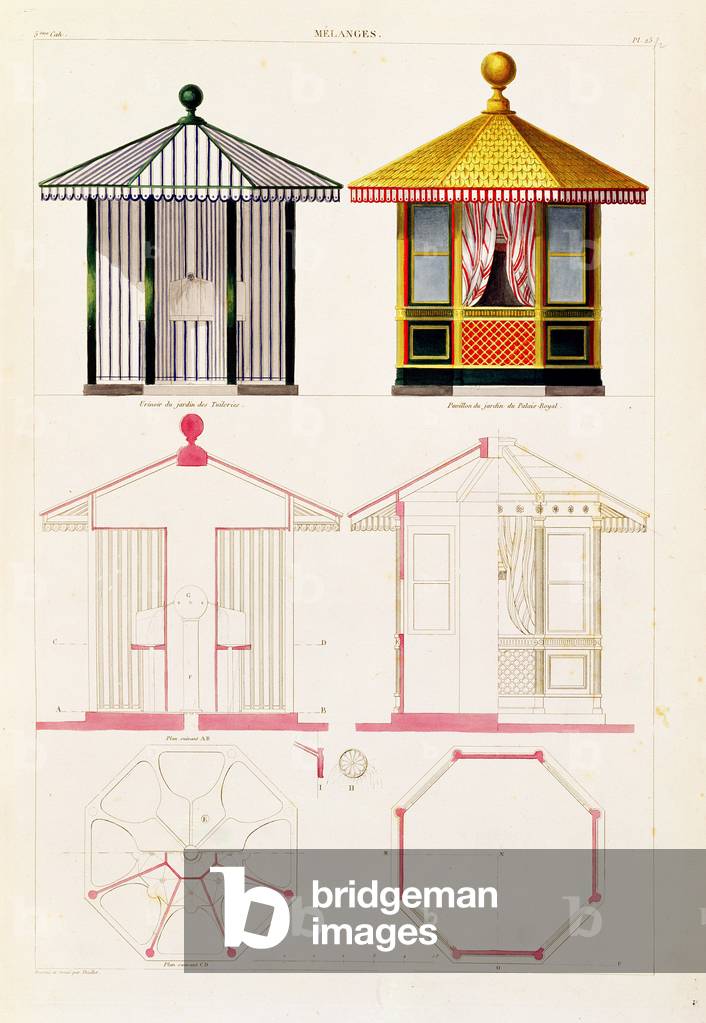 Design for a urinal and pavilion, plate 25 from 'Nouveau Recueil de Menuiserie et de Decorations interieures', 1837 (colour litho)